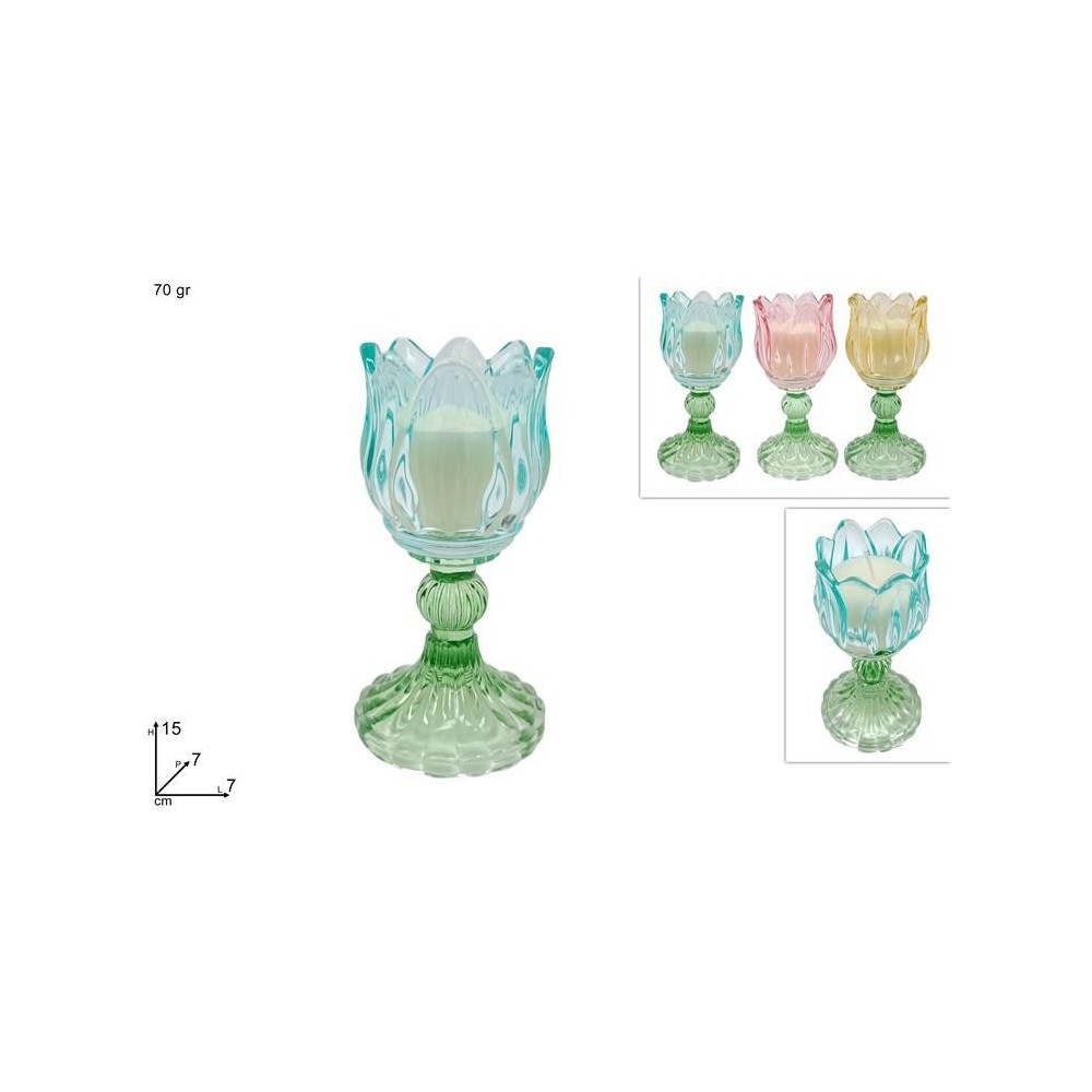 CALICE TULIPANO IN VETRO 15CM C CANDELA 70GR 3COL